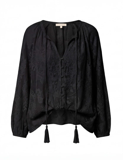 Boho Bluse mit Stickmuster für Damen – Luftige Langarmbluse mit V-Ausschnitt & Quasten