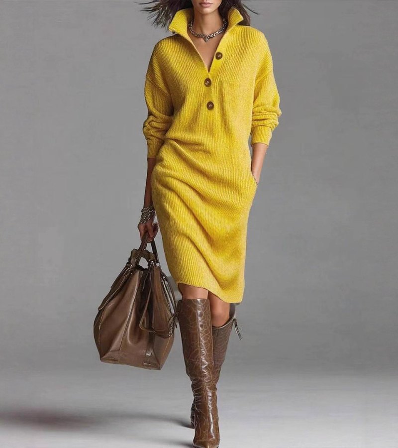 Elva - Midi Hemdblusenkleid aus weicher und bequemer Wolle für Frauen, trendig, mit langen Ärmeln und Knopfkragen, ideal für den Frühling