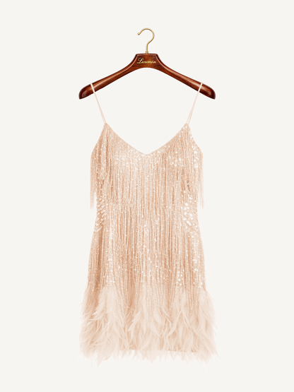 Elegantes Pailletten Fransenkleid für Damen – Glamouröses Party Cocktailkleid mit Federsaum