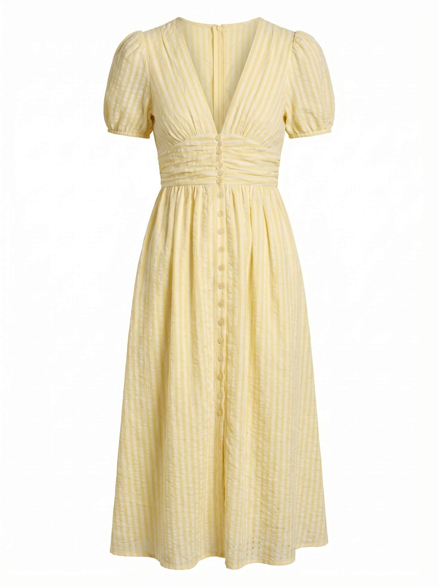 Elegantes Midi Kleid für Damen – Sommerkleid mit V-Ausschnitt, Puffärmeln & figurbetonter Taille