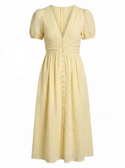 Elegantes Midi Kleid für Damen – Sommerkleid mit V-Ausschnitt, Puffärmeln & figurbetonter Taille