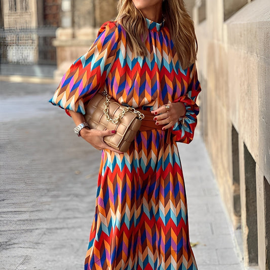 Elviane - Lange Frühlings- und Sommerkleid in lebendigen Farben mit Puffärmeln