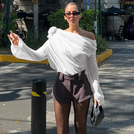 Ondine - Asymmetrisches Chiffon-Top mit langen Ärmeln für den Frühling, mit einer freiliegenden Schulter, für Frauen