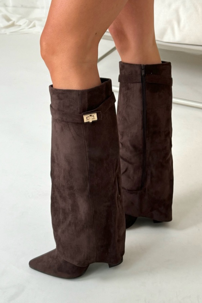 Maëline - Elegante Hohe Stiefel aus Wildleder mit Überschlag und Goldenen Details