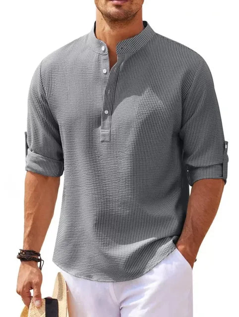 Leichtes Waffelstruktur Henley Shirt für Herren – Atmungsaktives Freizeitshirt mit Stehkragen