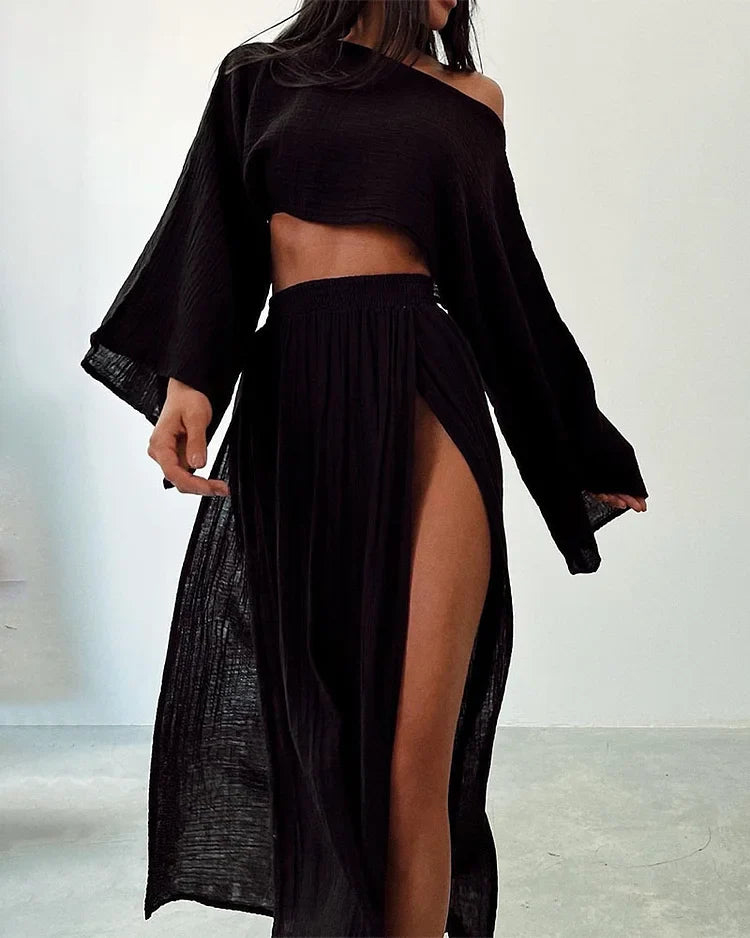Alizenne - Leichtes und Elegantes Sommerensemble aus Leinen für den Urlaub, bestehend aus einem Langarm-Crop-Top mit weitem Schnitt und einem Maxi-Rock mit doppeltem seitlichen Schlitz