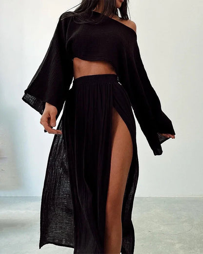 Alizenne - Leichtes und Elegantes Sommerensemble aus Leinen für den Urlaub, bestehend aus einem Langarm-Crop-Top mit weitem Schnitt und einem Maxi-Rock mit doppeltem seitlichen Schlitz