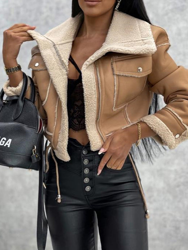 Aubrée - Elegante und Feminine Frühlingsjacke aus Kunstleder mit Plüschfutter, Reißverschlusstaschen und Kragen