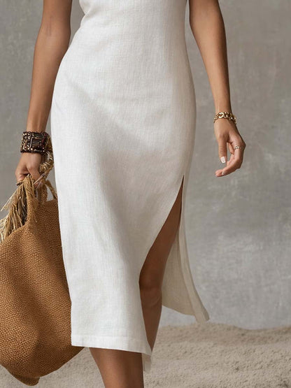 Ärmelloses Midi Kleid für Damen – Elegantes Sommerkleid mit Seitenschlitz & figurbetonter Passform