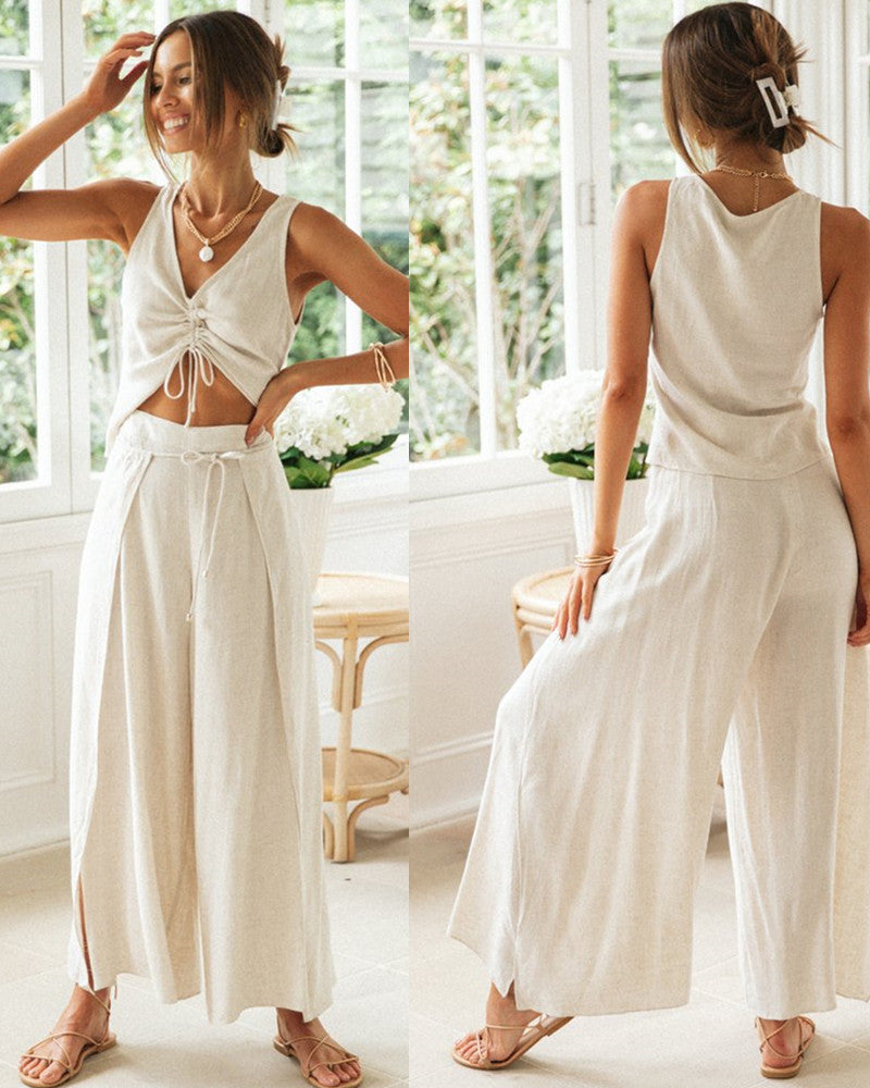Sommer Zweiteiler Set für Damen – Leichtes Crop Top & Weite Hose im Boho Look