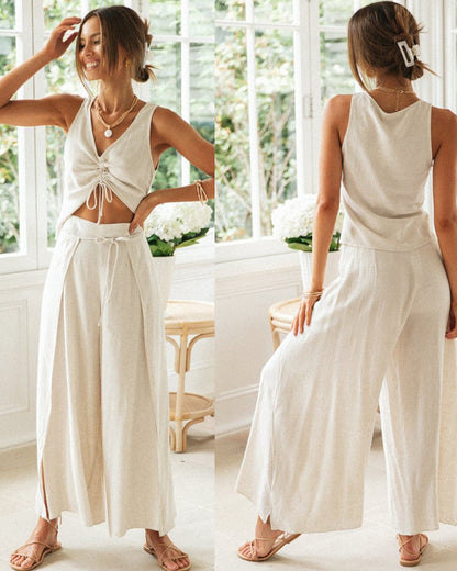 Sommer Zweiteiler Set für Damen – Leichtes Crop Top & Weite Hose im Boho Look
