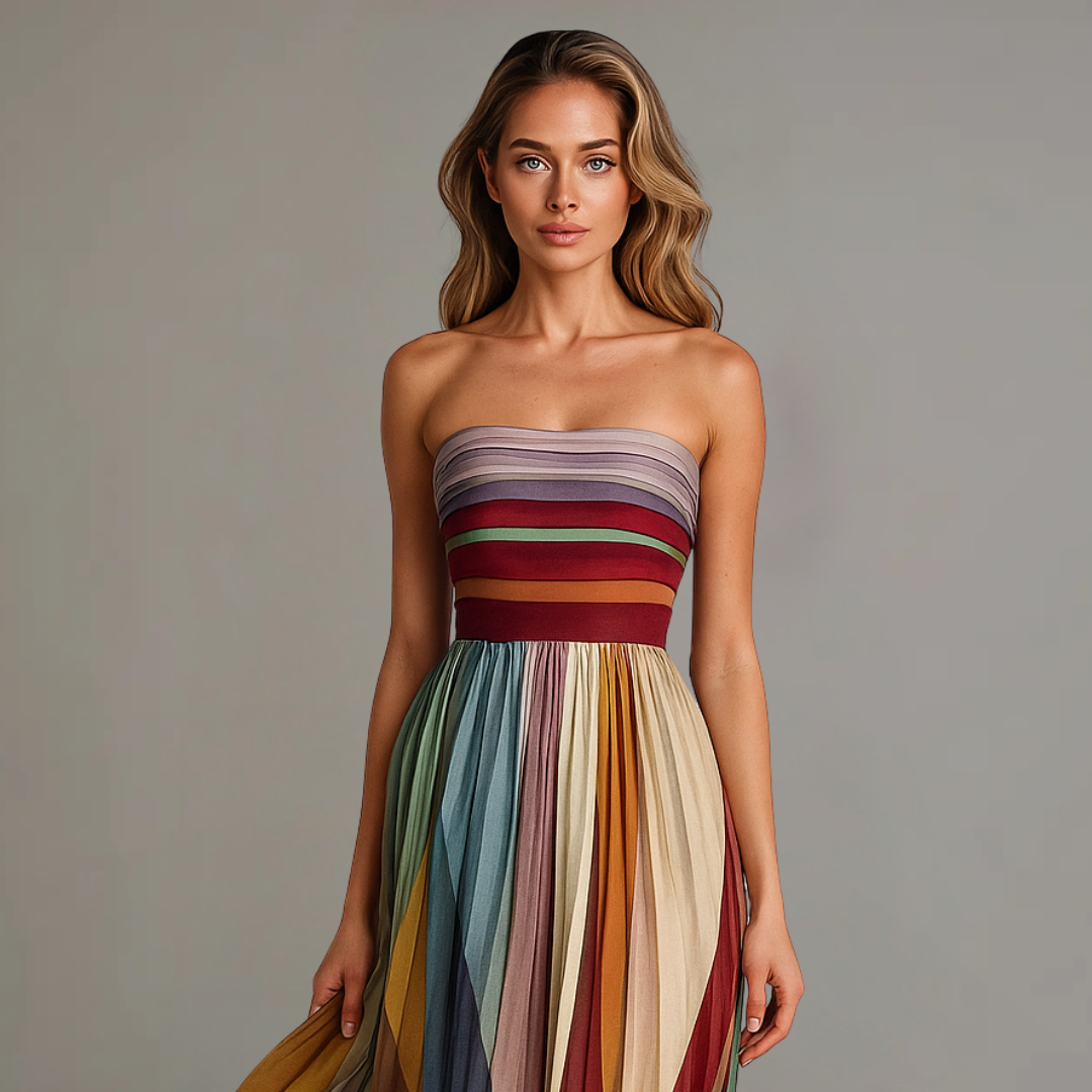 Plissiertes Maxikleid für Damen – Schulterfreies Sommerkleid mit Farbverlauf & Fließender Silhouette