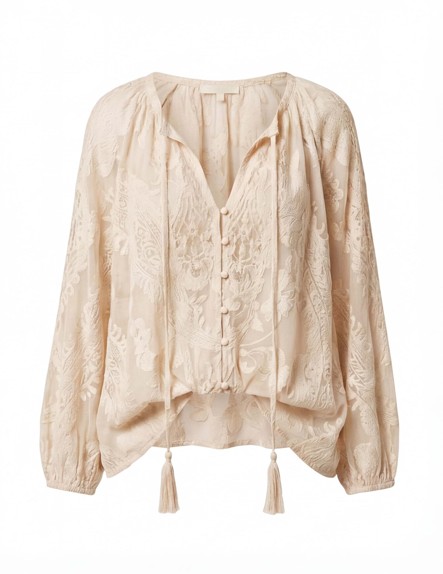 Boho Bluse mit Stickmuster für Damen – Luftige Langarmbluse mit V-Ausschnitt & Quasten