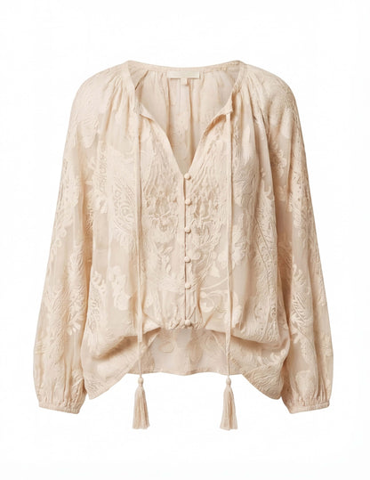 Boho Bluse mit Stickmuster für Damen – Luftige Langarmbluse mit V-Ausschnitt & Quasten
