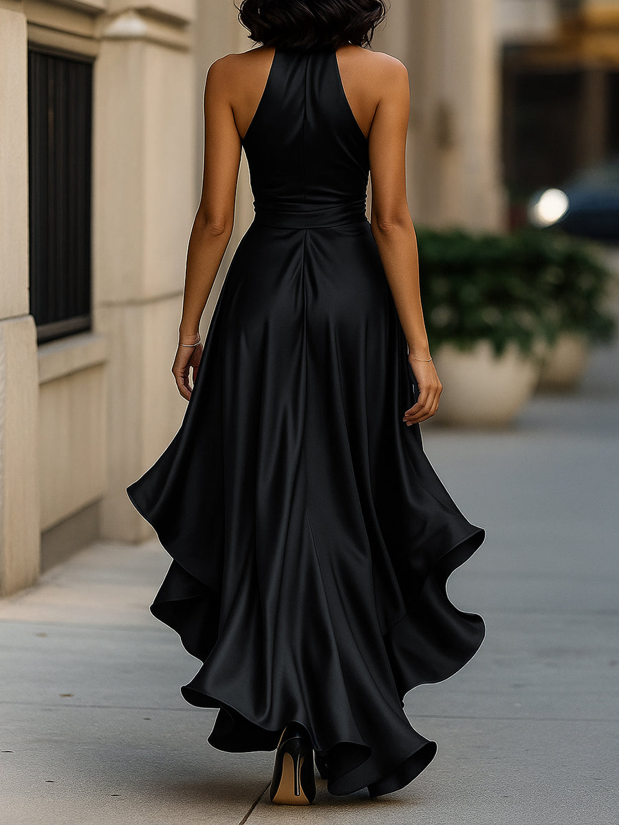Delyra - Satin-Rüschenskleid, Rückenfrei, Mitternachts-Eleganz