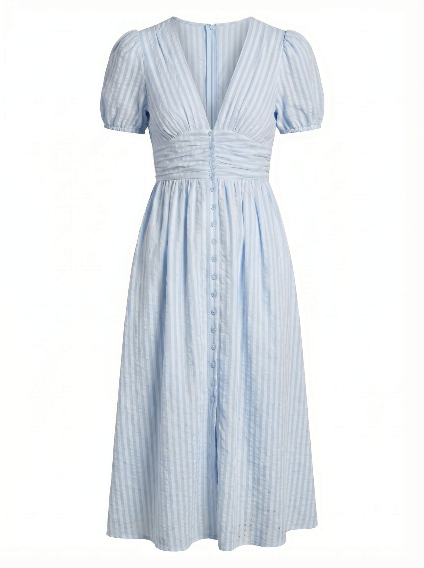 Elegantes Midi Kleid für Damen – Sommerkleid mit V-Ausschnitt, Puffärmeln & figurbetonter Taille