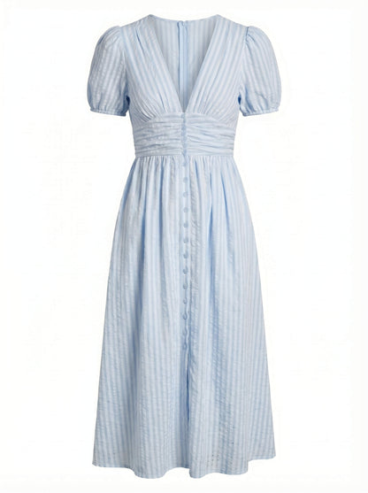 Elegantes Midi Kleid für Damen – Sommerkleid mit V-Ausschnitt, Puffärmeln & figurbetonter Taille