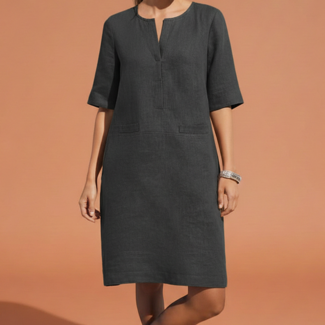 Schlichtes Leinenkleid für Damen – Lockeres Sommerkleid mit Halbarm & V-Ausschnitt