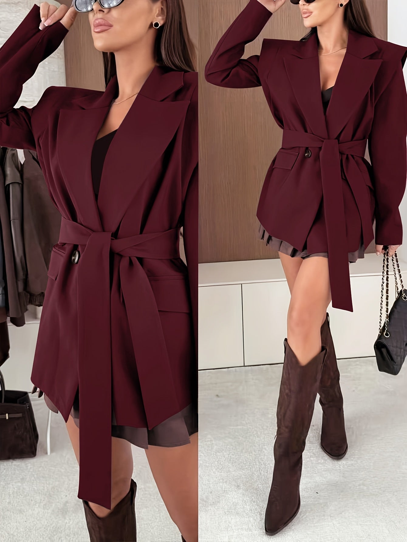 Auréva - Eleganter Frühlingsblazer mit Betonten Schultern und Gürtel für eine feminine Silhouette
