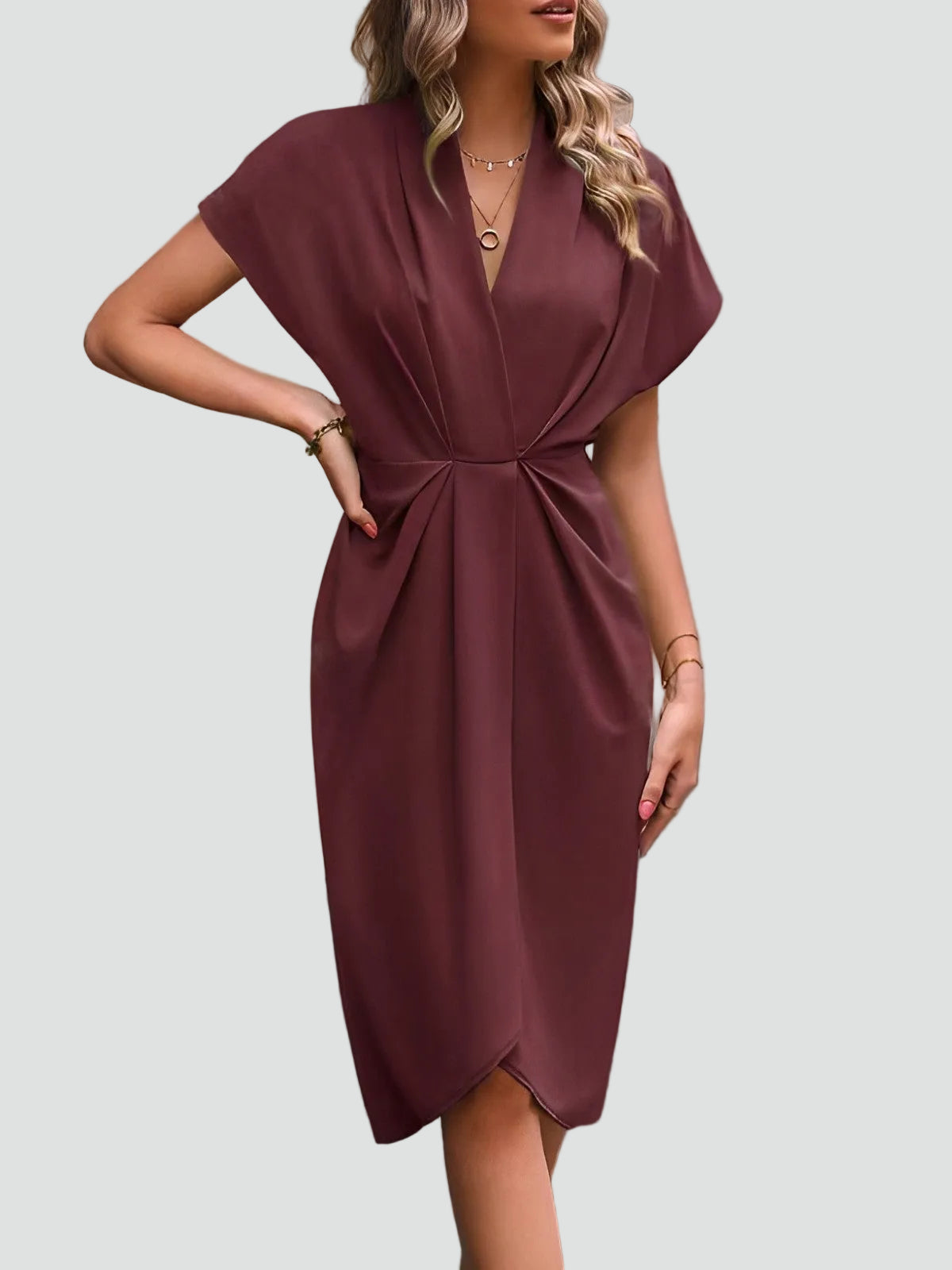Figurbetontes Midikleid mit Drapierung – Elegantes V-Ausschnitt Kleid für Damen