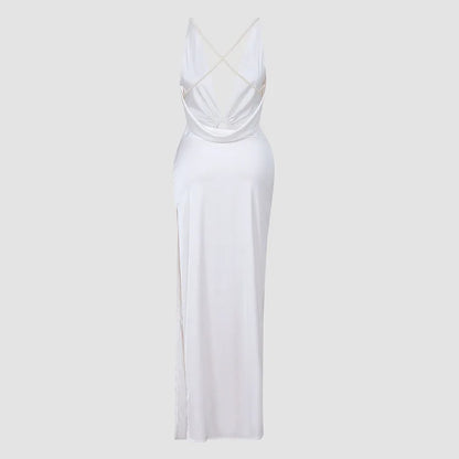 Marivelle - Elegantes Satin-Kleid in Weiß mit Offenem Rücken, Perlendetails, Tiefem V-Ausschnitt und Seitenschlitz