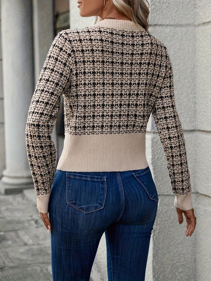 Elegante Strickjacke mit Tweed-Muster & Goldknöpfen für Damen – Klassischer Chic Cardigan