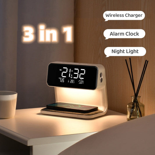Éclélia - Nachttischlampe 3-in-1 mit kabellosem Ladegerät – LCD-Wecker & dimmbare LED-Touchlampe