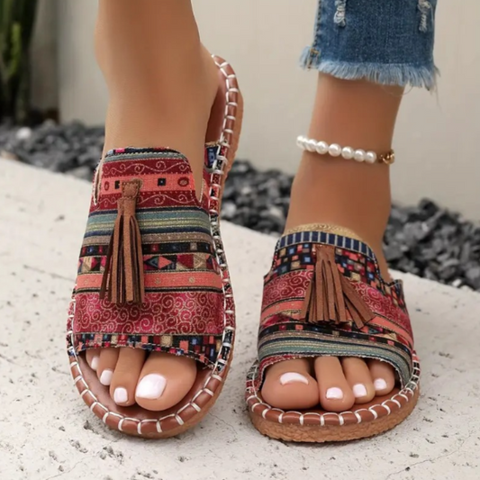 Boho Quasten Sandalen für Damen – Bequeme Sommer Pantoletten mit Ethno-Print