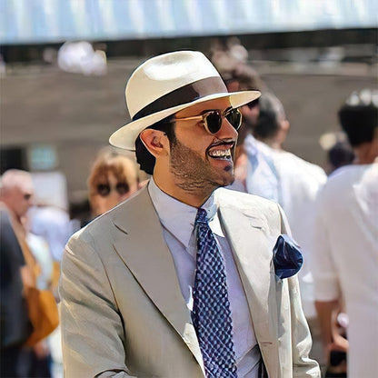 Klassischer Fedora Strohhut für Herren – Eleganter Sommerhut mit UV-Schutz & Reiseetui