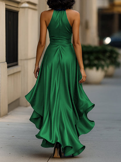 Delyra - Satin-Rüschenskleid, Rückenfrei, Mitternachts-Eleganz