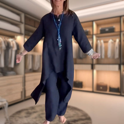 Ambrélya - Damen Zweiteiliges Komfort Ensemble: Hemdblusenkleid mit Halblangen Ärmeln und Bequeme Unifarbene Hose