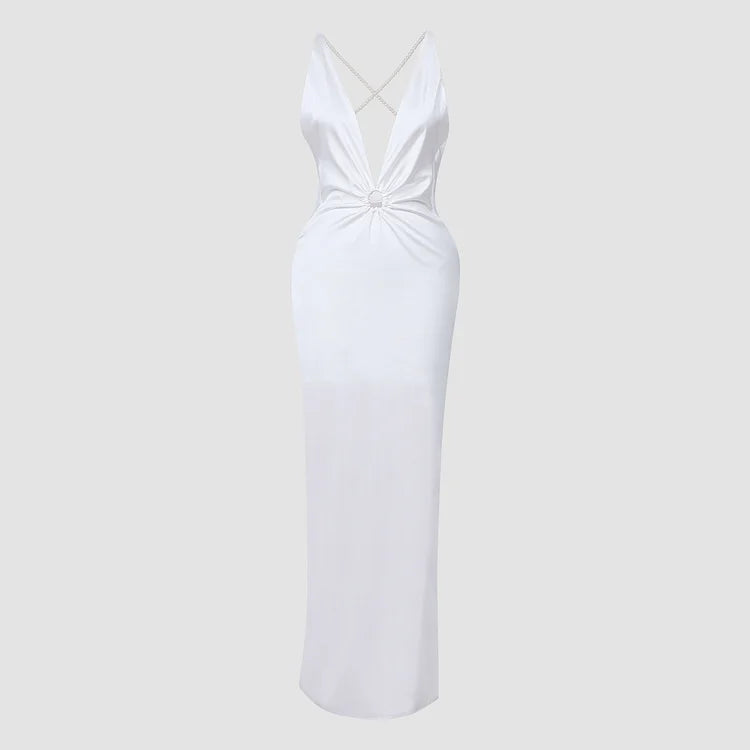 Marivelle - Elegantes Satin-Kleid in Weiß mit Offenem Rücken, Perlendetails, Tiefem V-Ausschnitt und Seitenschlitz