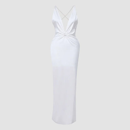 Marivelle - Elegantes Satin-Kleid in Weiß mit Offenem Rücken, Perlendetails, Tiefem V-Ausschnitt und Seitenschlitz