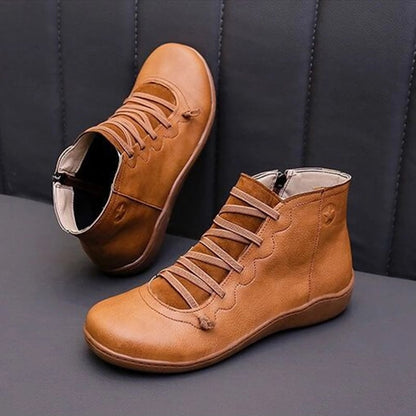 Orthopädische Leder Stiefeletten für Damen – Bequeme Schnürboots mit Reißverschluss & Breiter Zehenbox
