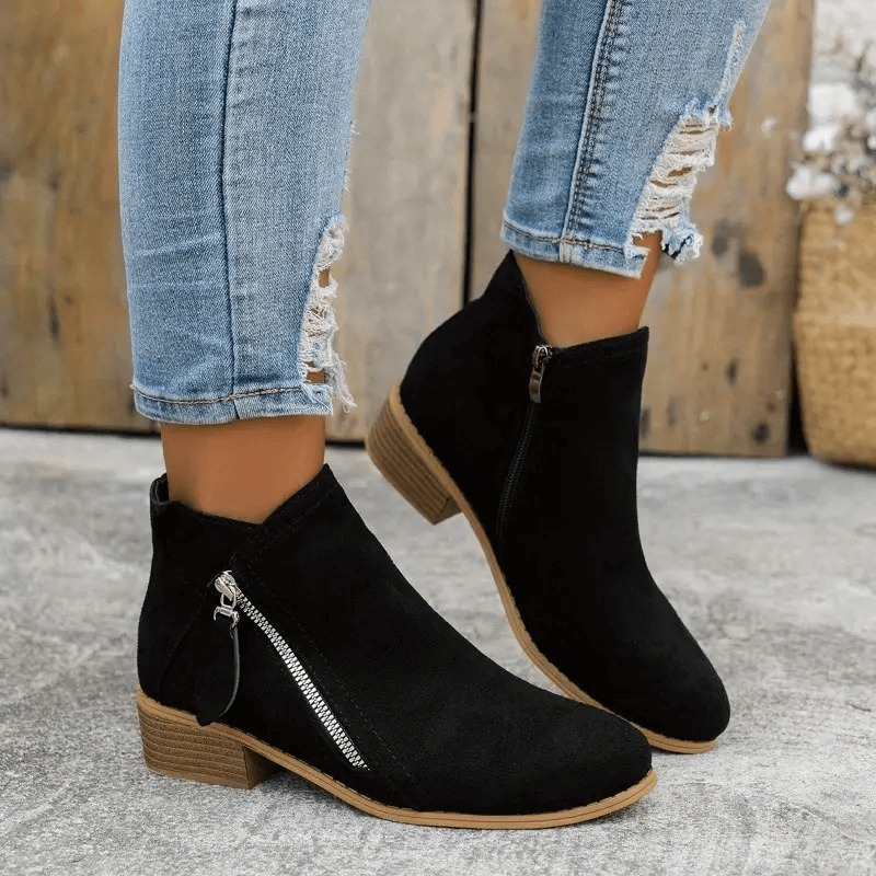 Zélyna - Elegante Niedrige Stiefeletten aus Wildleder für Damen, Frühling, mit Reißverschluss und Kleinem Absatz, Einfarbig
