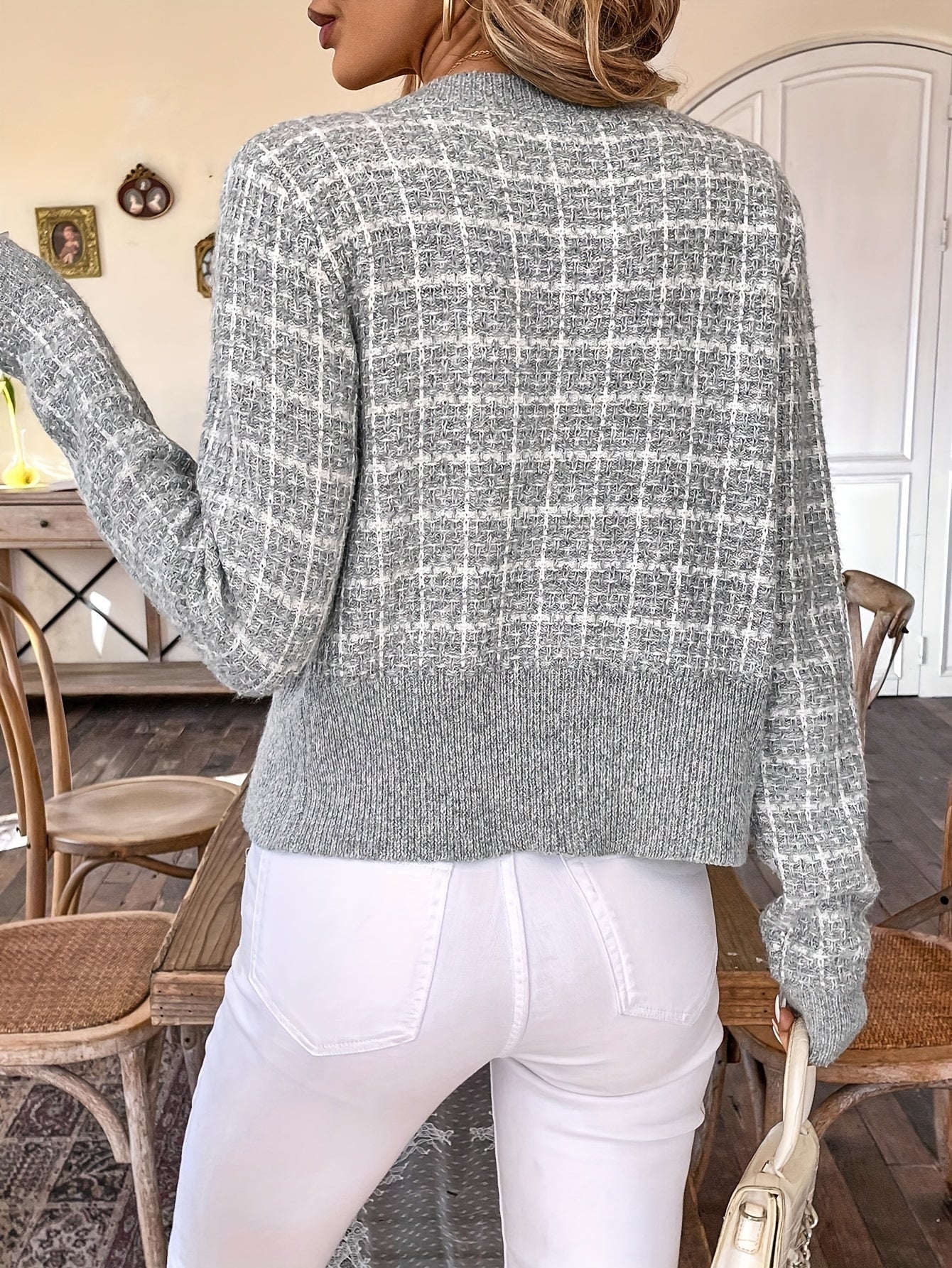 Elegante Strickjacke mit Tweed-Muster & Goldknöpfen für Damen – Klassischer Chic Cardigan
