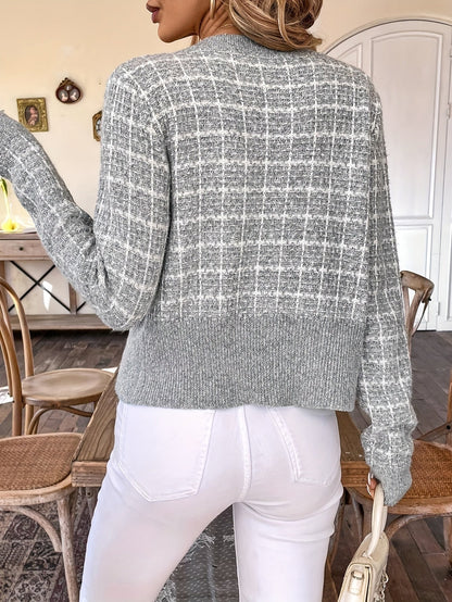 Elegante Strickjacke mit Tweed-Muster & Goldknöpfen für Damen – Klassischer Chic Cardigan