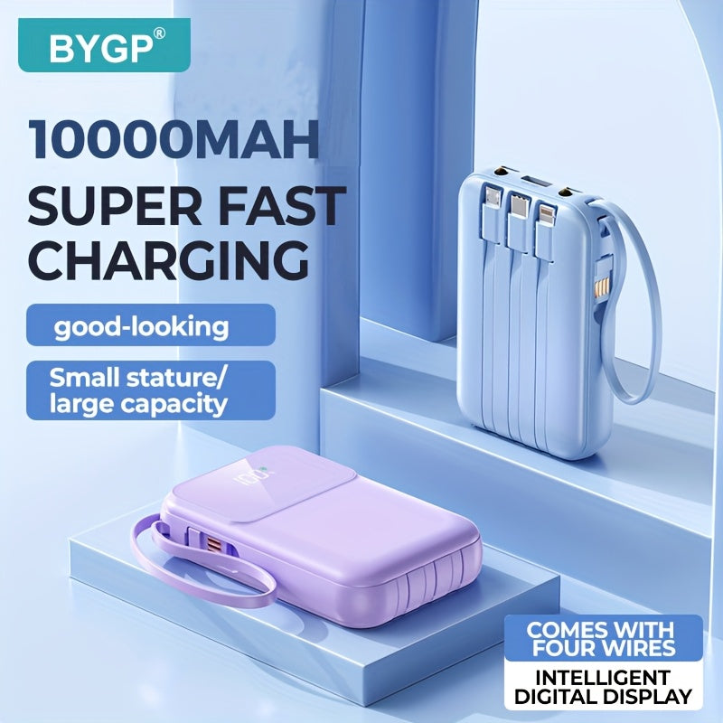 Kompakte 10000mAh Powerbank mit 4 integrierten Kabeln – Schnellladegerät mit Digitalanzeige