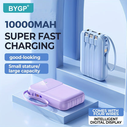 Kompakte 10000mAh Powerbank mit 4 integrierten Kabeln – Schnellladegerät mit Digitalanzeige