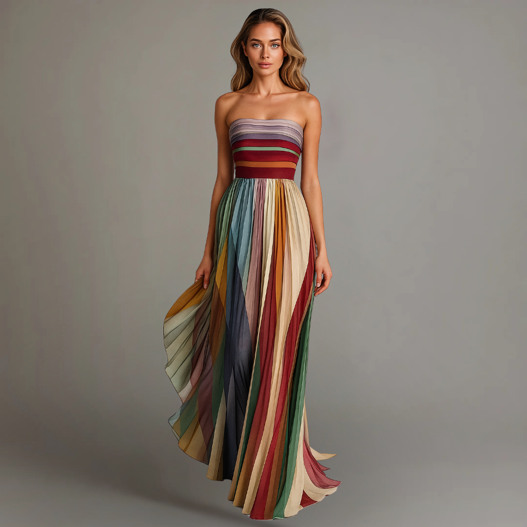 Plissiertes Maxikleid für Damen – Schulterfreies Sommerkleid mit Farbverlauf & Fließender Silhouette