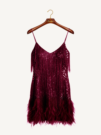 Elegantes Pailletten Fransenkleid für Damen – Glamouröses Party Cocktailkleid mit Federsaum