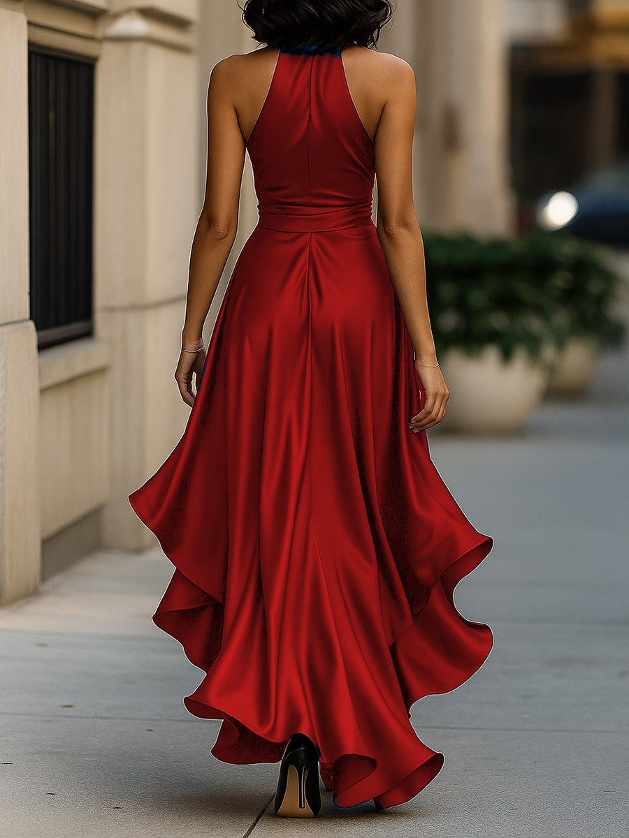 Delyra - Satin-Rüschenskleid, Rückenfrei, Mitternachts-Eleganz
