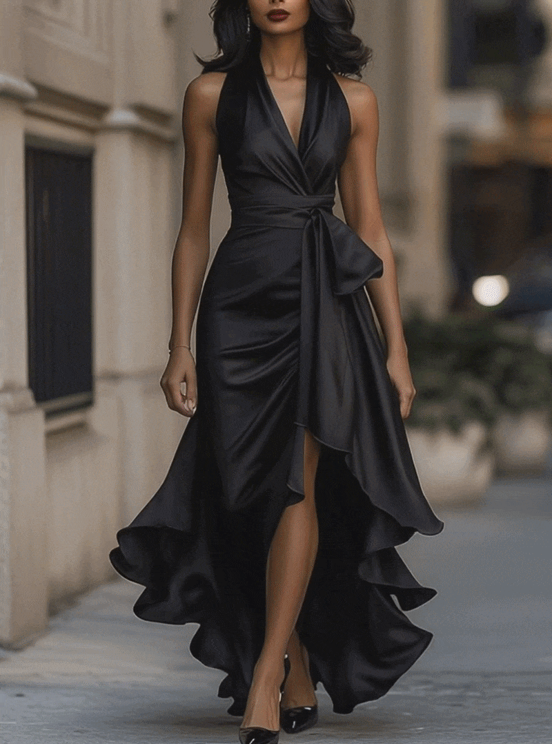 Delyra - Satin-Rüschenskleid, Rückenfrei, Mitternachts-Eleganz