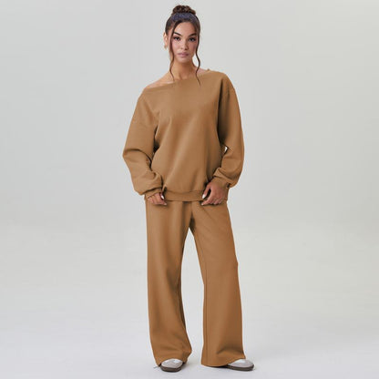 Lässiges Damen Lounge Set mit One-Shoulder Sweatshirt – Bequemer Zweiteiler mit weiter Hose