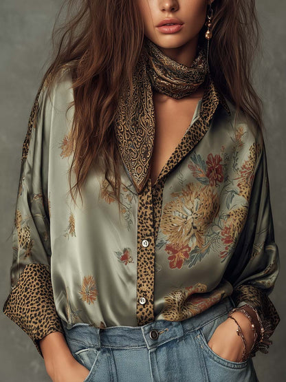 Elegante Satinbluse mit Floral-Print für Damen – Lockeres Langarmhemd im Boho-Look