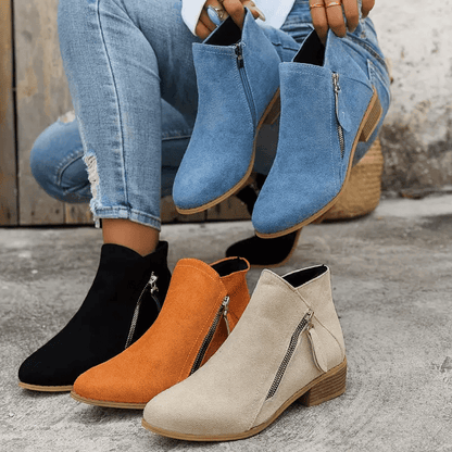 Zélyna - Elegante Niedrige Stiefeletten aus Wildleder für Damen, Frühling, mit Reißverschluss und Kleinem Absatz, Einfarbig