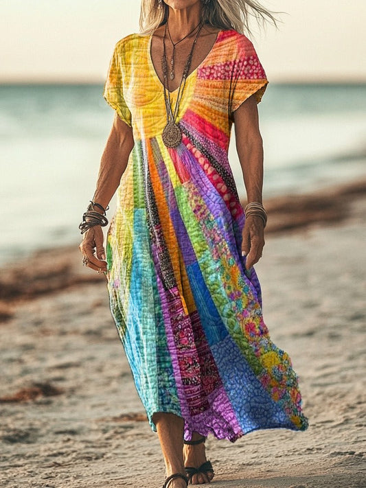 Boho Maxi Kleid für Damen mit buntem Patchwork-Print – Lockeres Sommerkleid mit V-Ausschnitt