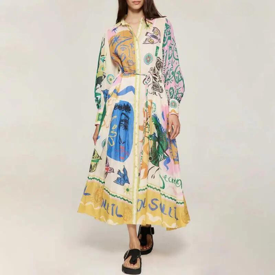 Boho-Maxikleid mit kunstvollem Print für Damen – Elegantes Hemdblusenkleid mit Bindegürtel