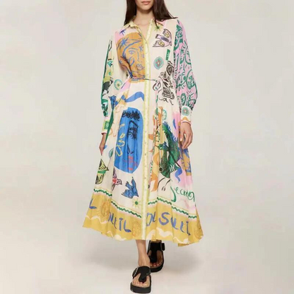Boho-Maxikleid mit kunstvollem Print für Damen – Elegantes Hemdblusenkleid mit Bindegürtel