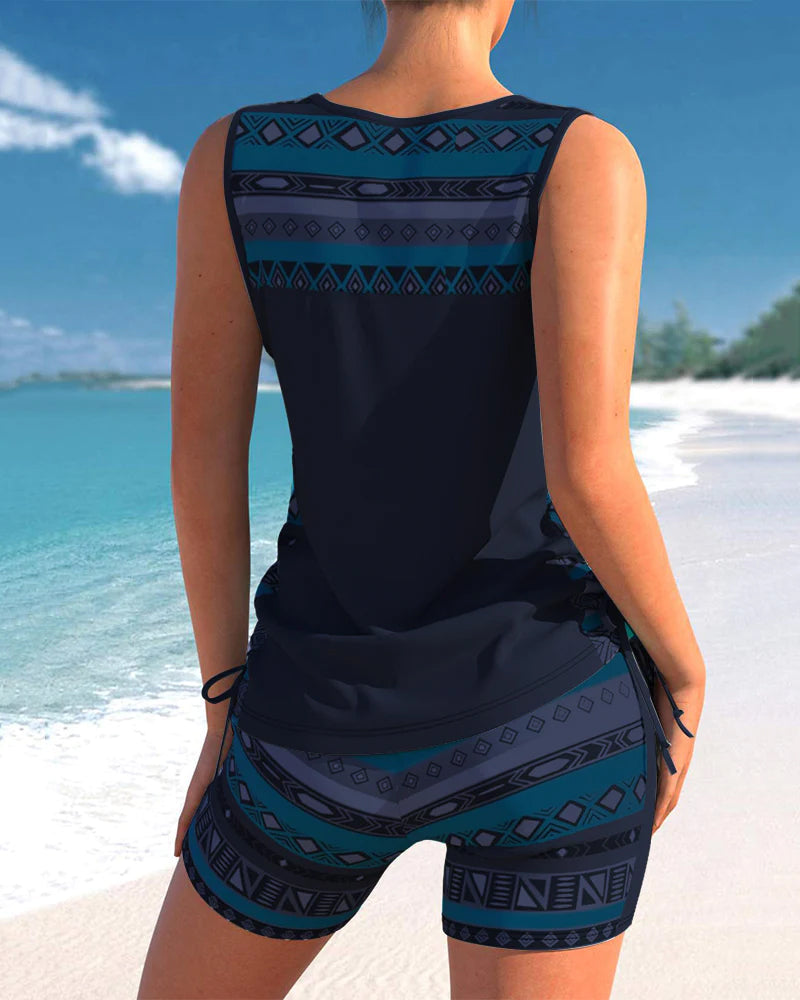Strand Zweiteiler für Damen – Ärmelloses Tankini Set mit Ethno-Muster & Komfort Shorts
